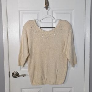 Vintage 80s Silk/Angora/Wool Gladys Bagley Beaded 3/4 Sleeve Cream Sweater Large